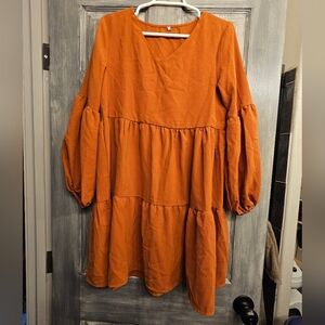 Orange Tiered Long Baloon Sleeve Dress Size Medium